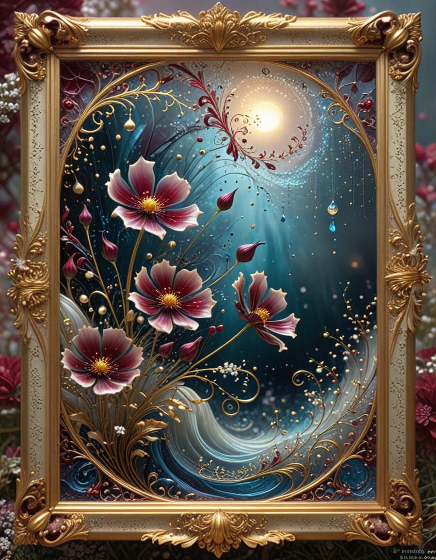 Burgundy Cosmos Stained Glass in Gold Filigree Frame