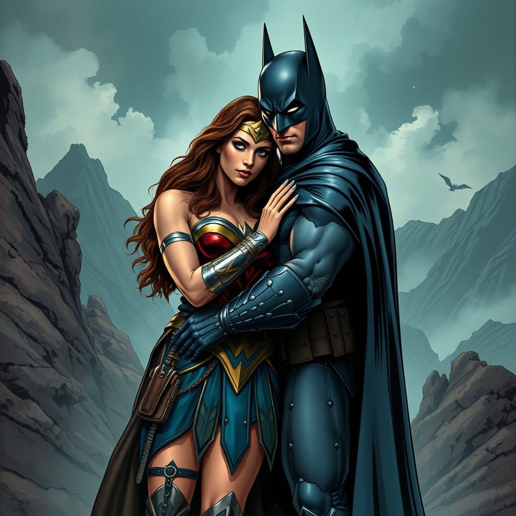 Wonder Woman Embraces Batman in Medieval Barbarian Style