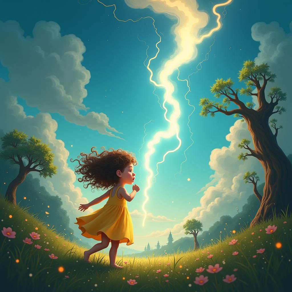 Girl Shocked by Lightning in Dreamlike Illustration