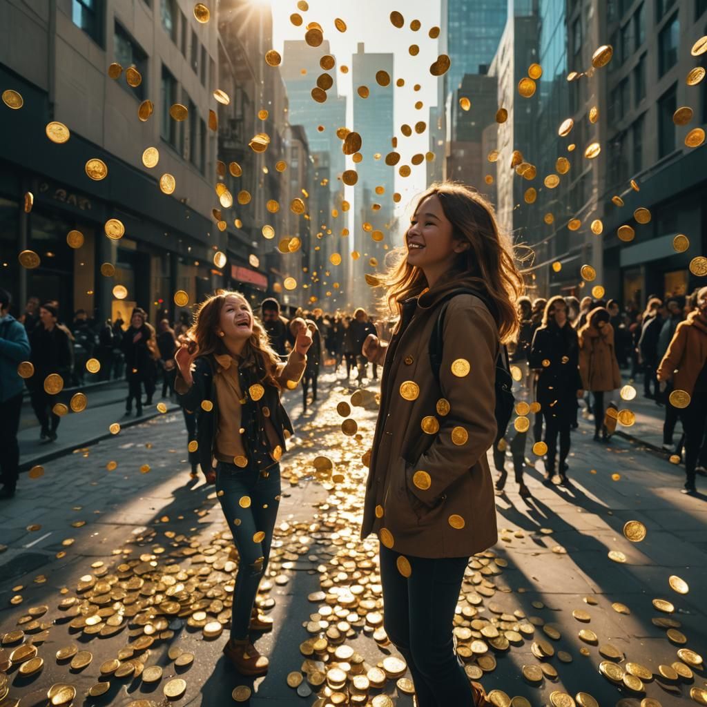 Golden Shower of Happiness in Modern City