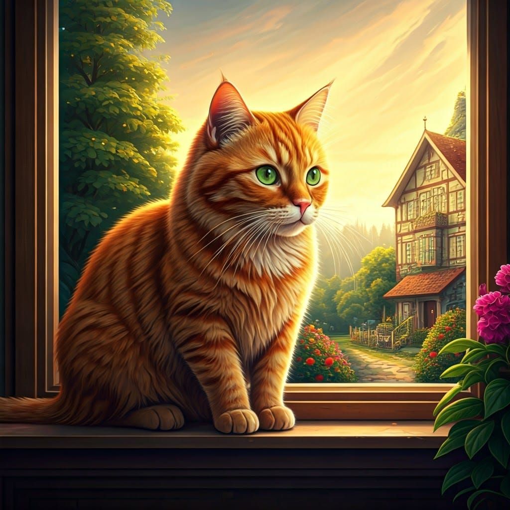 Regal Ginger Cat on Golden Windowsill