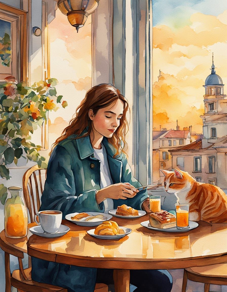 Woman and Cat Enjoy Breakfast in a Whimsical Watercolor Scen...