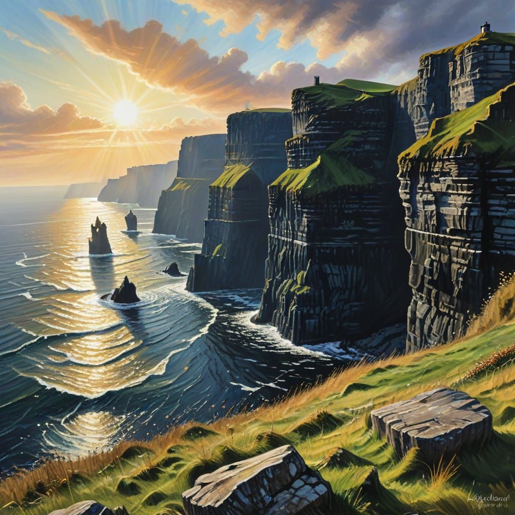Sunlit Cliffs of Moher in Ireland, Charcoal Drawing