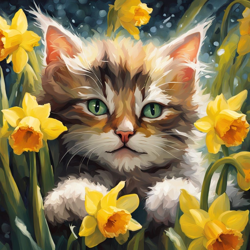Fluffy Kitten Among Daffodils: Avant-Garde Oil Painting