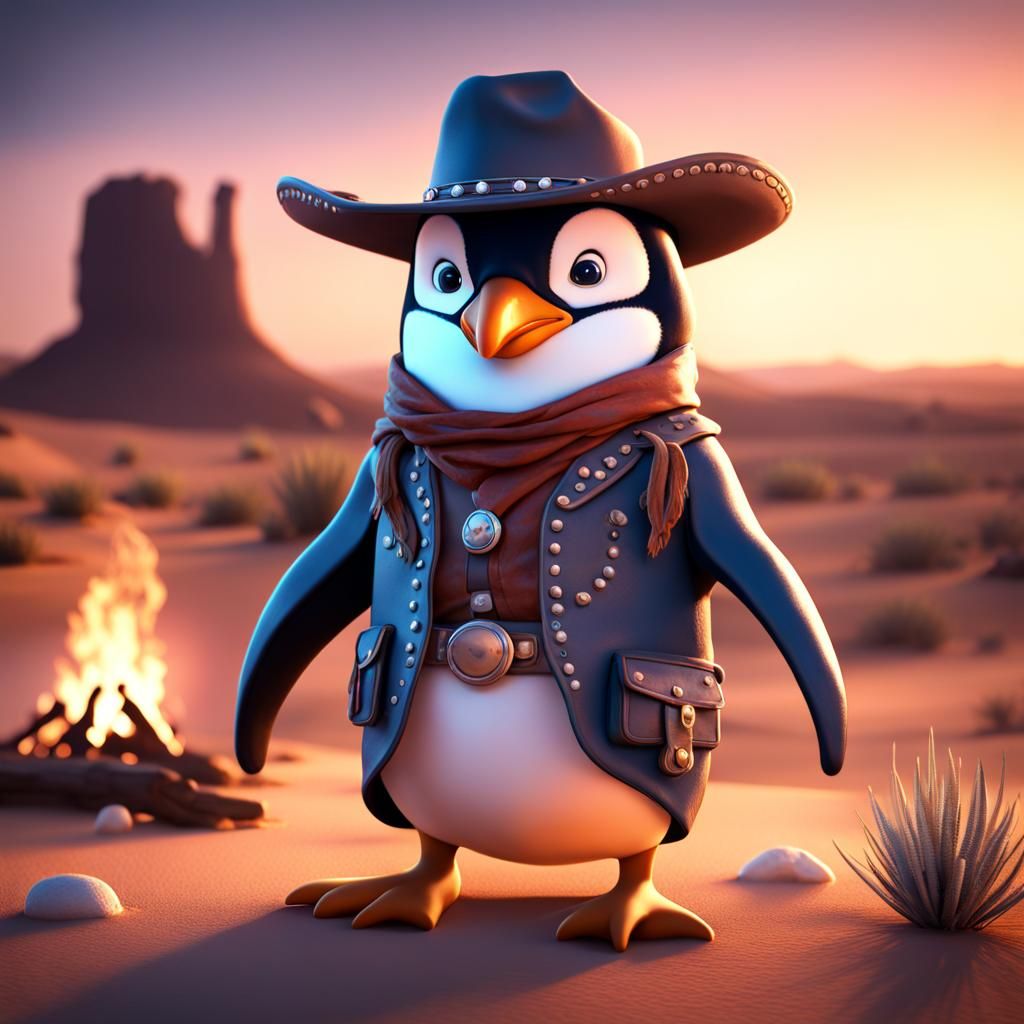 Penguin Cowboy at Desert Campfire: Detailed Matte Painting