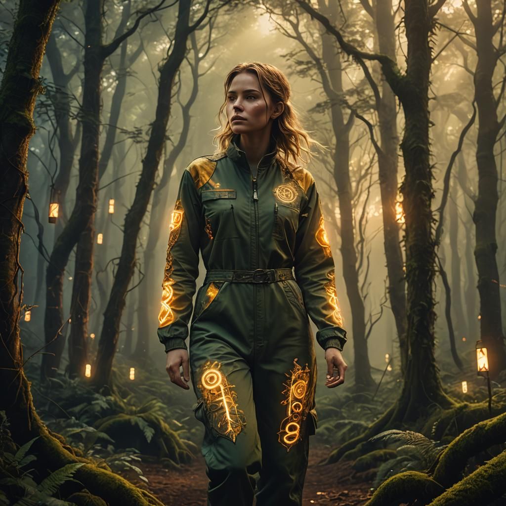 Woman in Mystical Forest with Glowing Runes