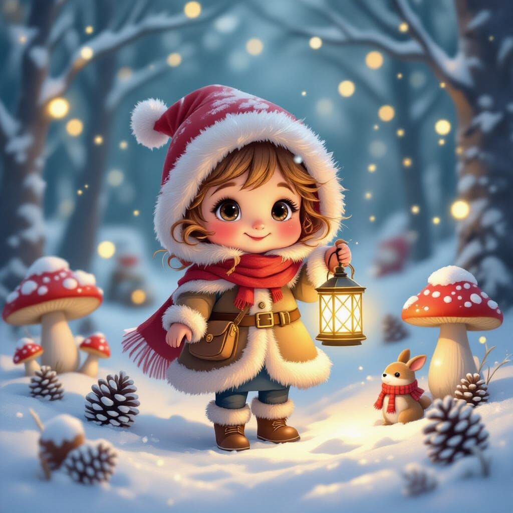 A tiny, wide-eyed winter sprite with rosy cheeks and a fluffy fur-lined cloak, carrying a glowing lantern through a snow...