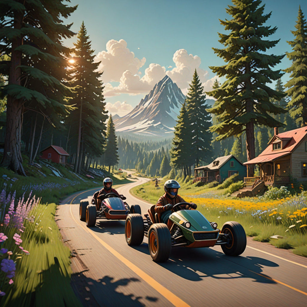 Father and Son and Daughter Speeding Down a Dreamy Countrysi...