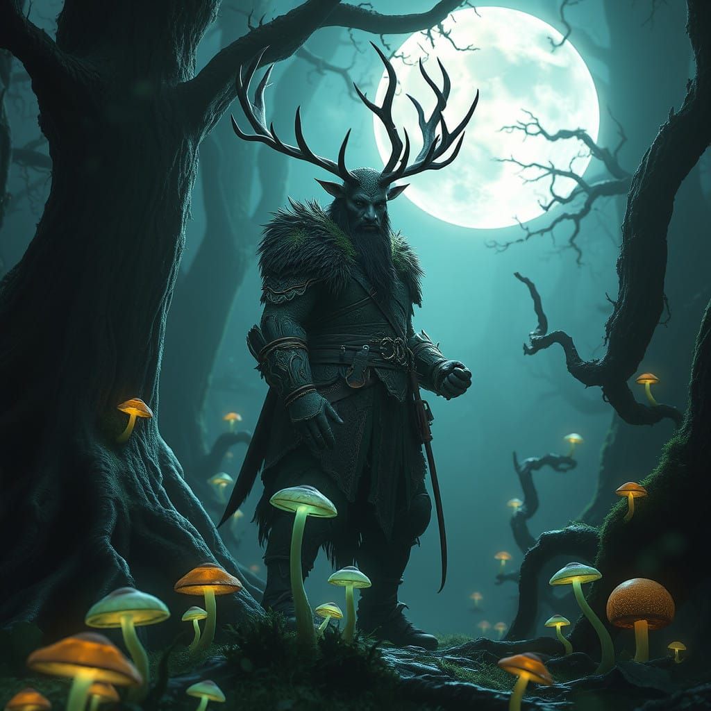 Regal Herne the Hunter in Moonlit Forest
