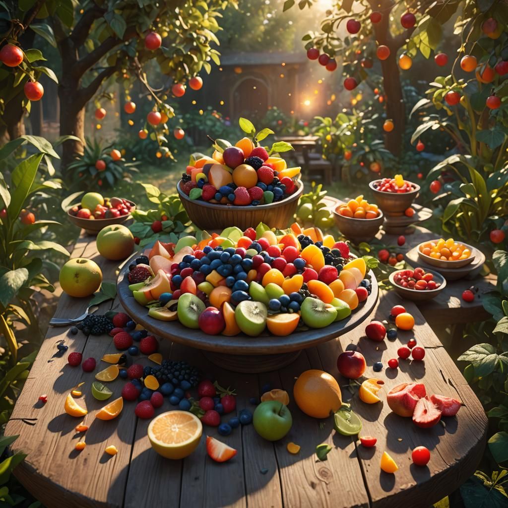 Colorful Fruit Salad in Sunlit Garden