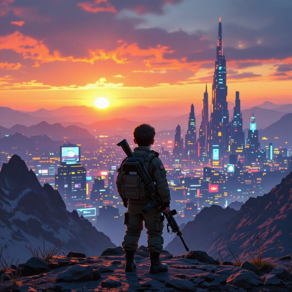 Boy Soldier Overlooks Futuristic Cityscape in Sci-Fi Style