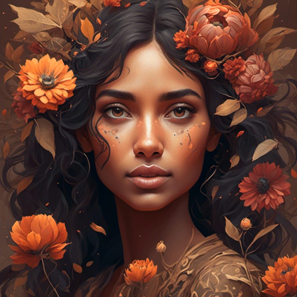 <lora:Floral Dreams:1.0> Floral portrait of a tan skin dark haired woman