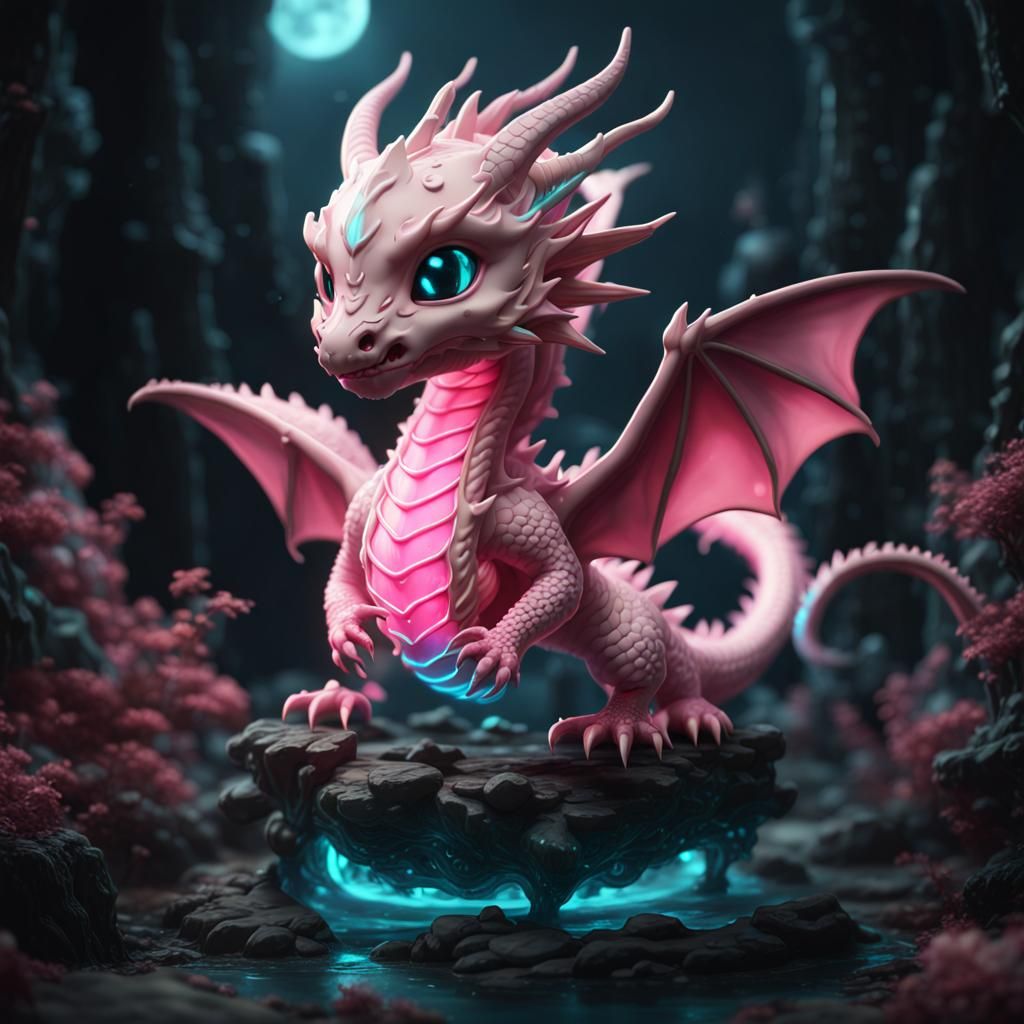 Bioluminescent Pink Dragon Porcelain Chibi Art