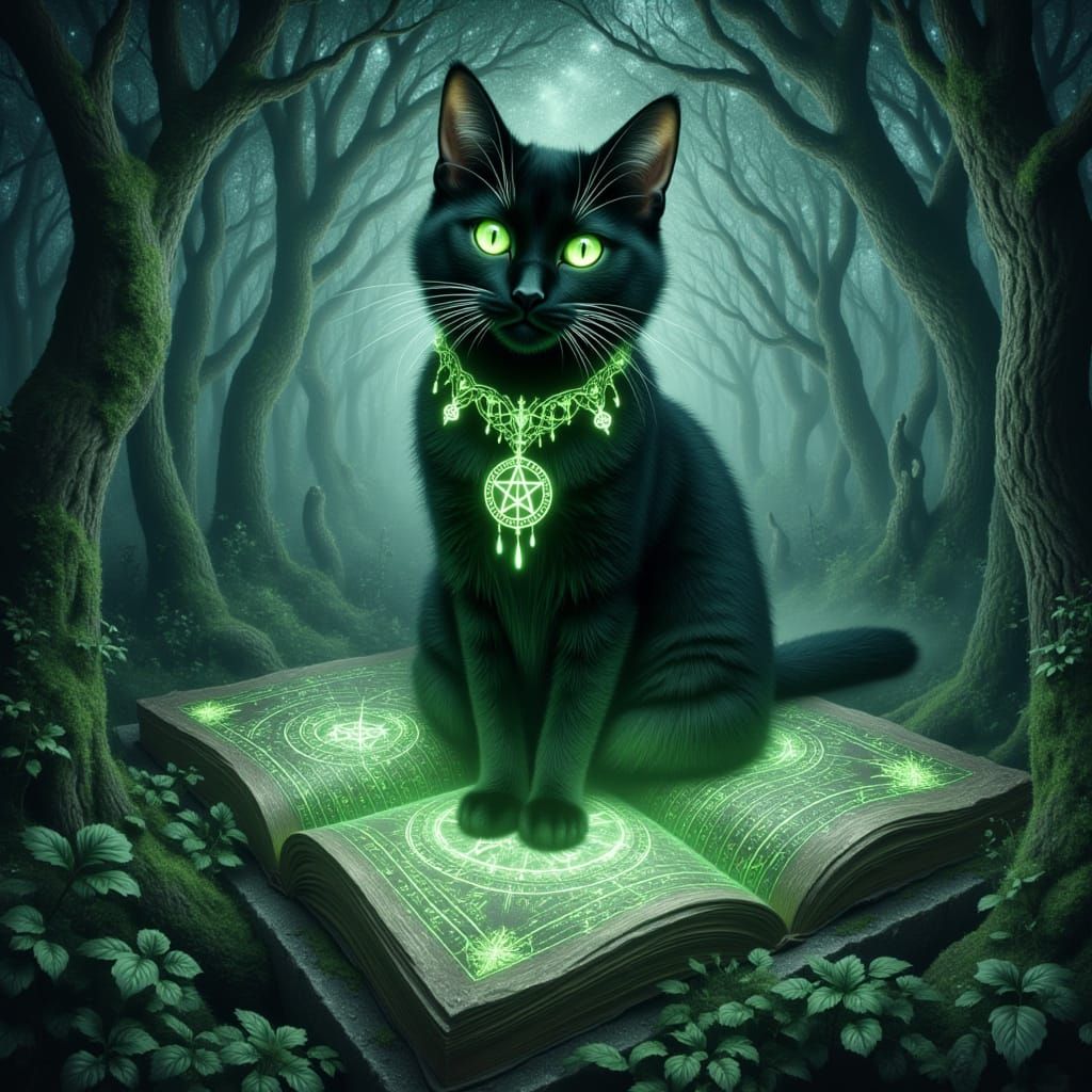 Black Cat on Spellbook Altar in Eerie Forest