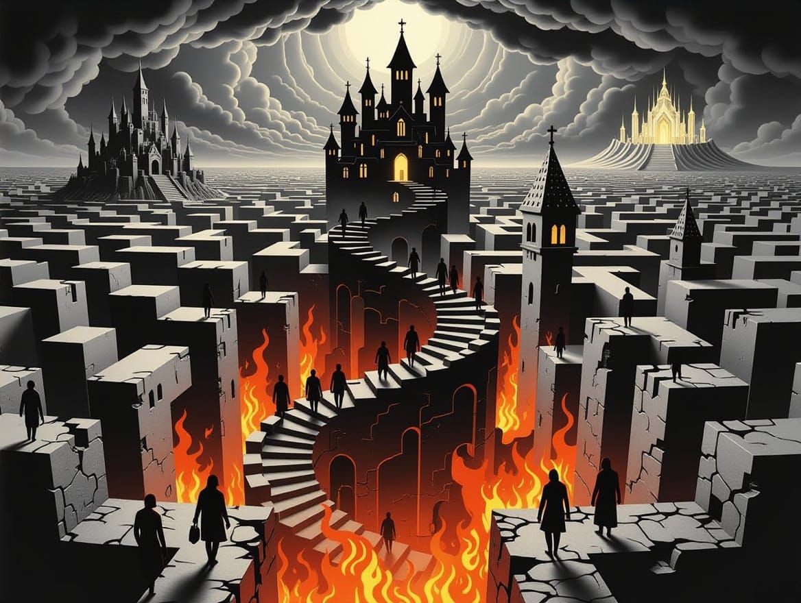 Monochromatic Escher-Inspired Cityscape with Lost Souls