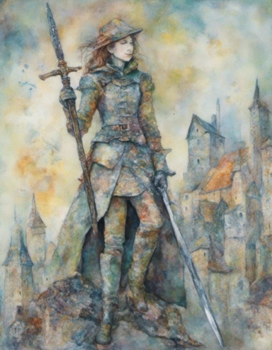 Woman Knight with Sword in Vintage Style