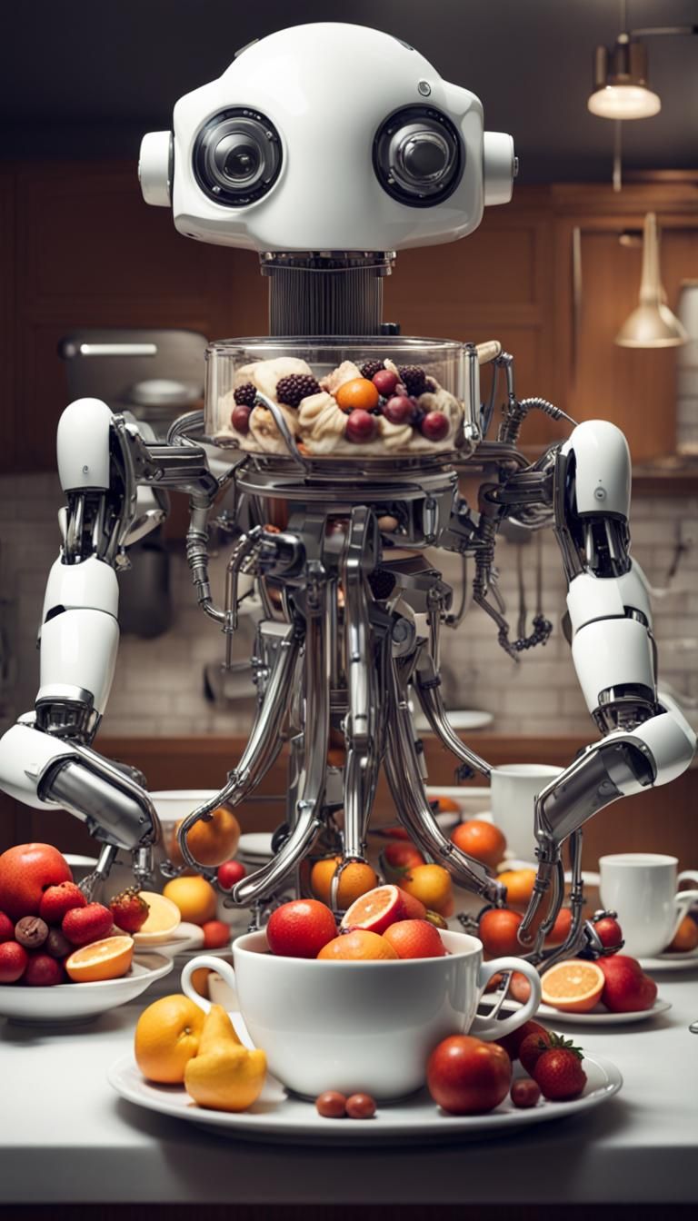 Multi-Armed Robot Butler Selfie, Fantasy Kitchen Art