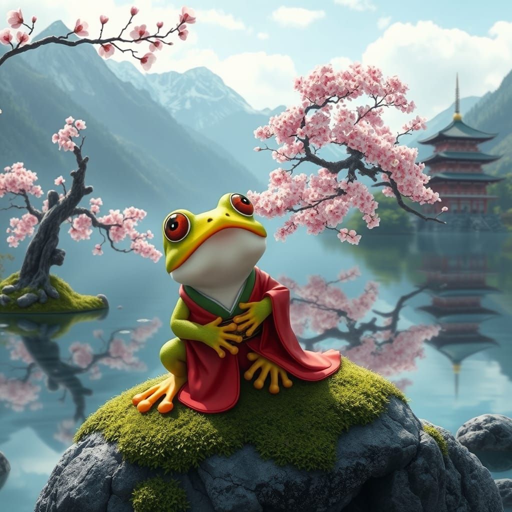 Frog Observes Blooming Sakura Tree in Japanese Landscape