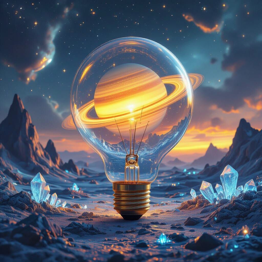 Giant Light Bulb on Alien Planet with Saturn Inside
