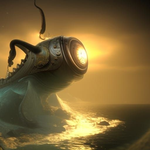 Steampunk Nautilus Battles Giant Squid Underwater