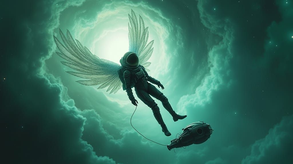 Astronaut in Nebula Watched by Angelic Being