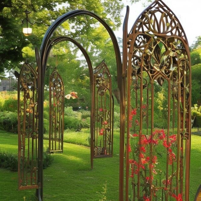 Enchanted Garden with Gothic Archways in Art Nouveau Style