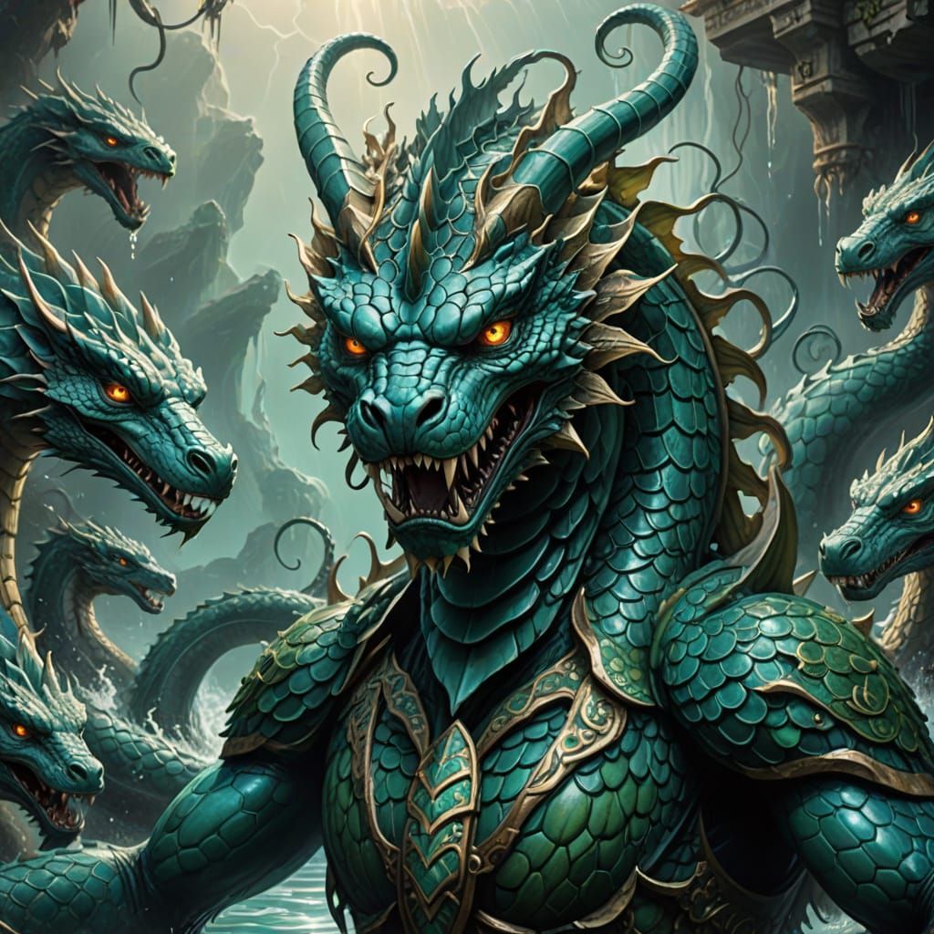 Vivd Oil Painting of a Five-Headed Hydra in Macro Close-Up