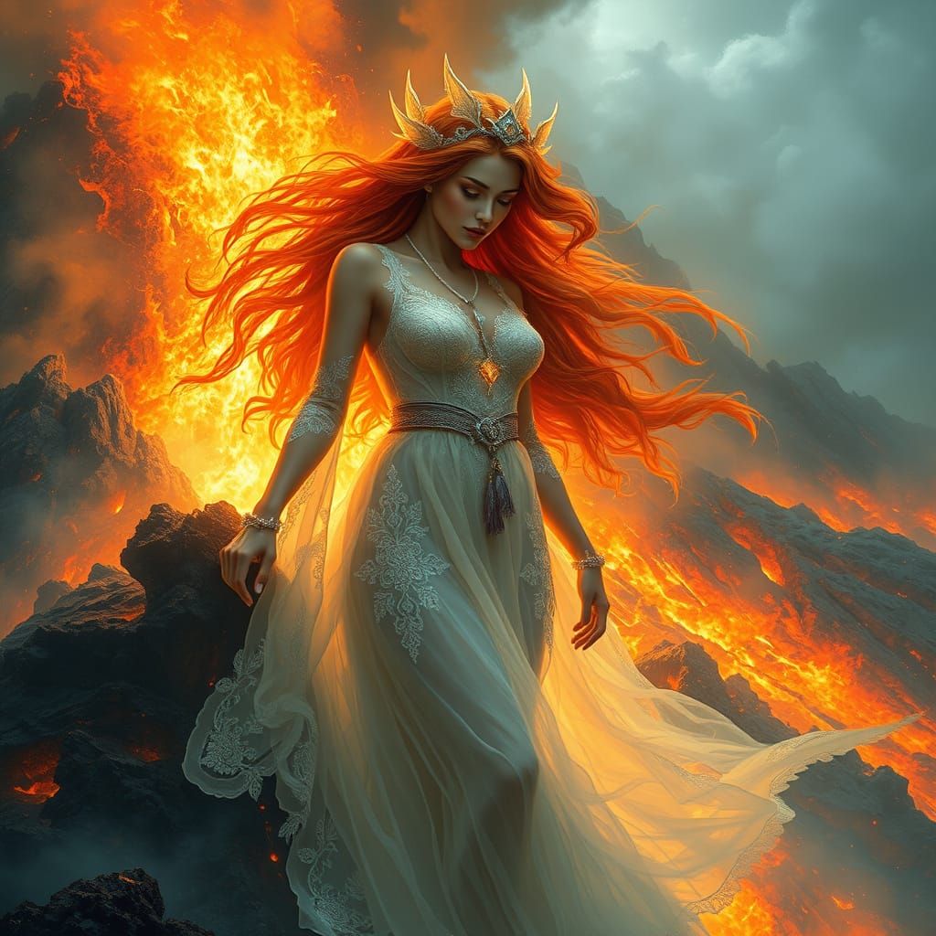 An otherworldly woman emerges from a volcano, untouched by fire. Clad in glowing lace and ash, she exudes power and beau...