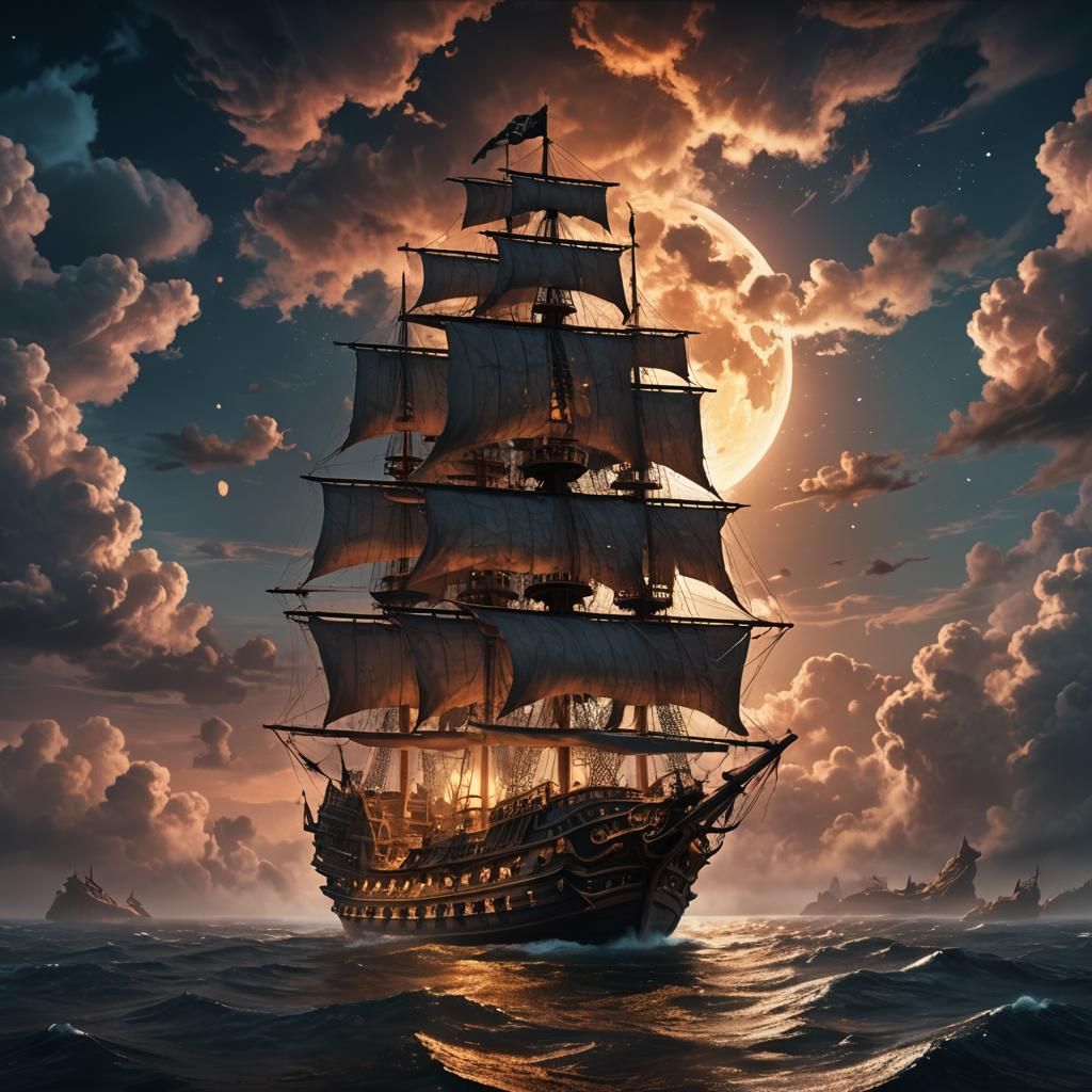 Majestic Pirate Ship Sailing Among Glowing Clouds