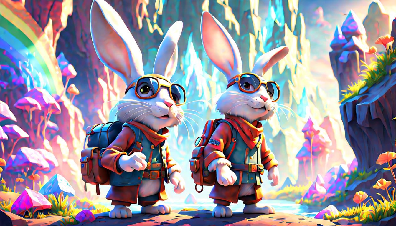 Pixar Style Rabbit Adventurer in Magic Crystal Caves