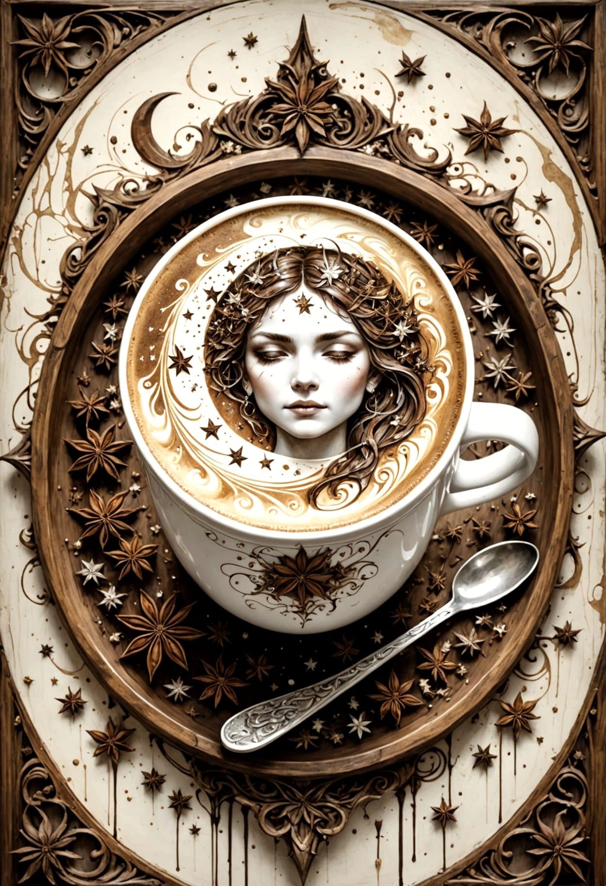 Ornate Latte Art with Moon and Star