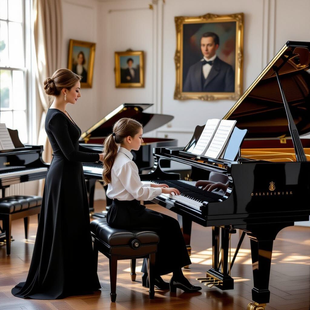 Piano Teacher and Student in Elegant Studio