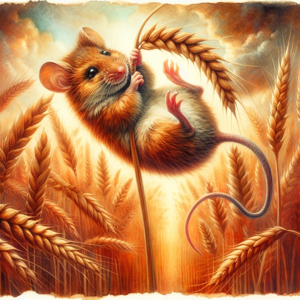 Harvest Mouse in Dreamy Wheat Field, Watercolor Impression