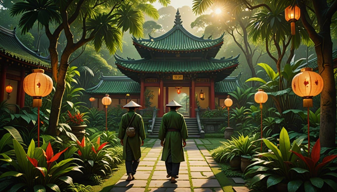 Zen Garden Temple with Tropical Herbs in Oil Painting Style