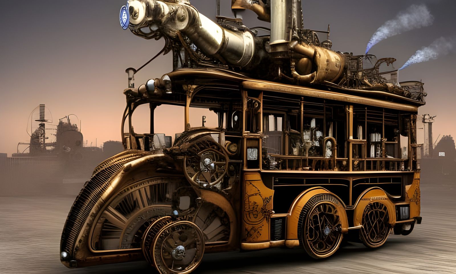 Steampunk Omnibus in Scrap Yard: 8K Sci-Fi Render