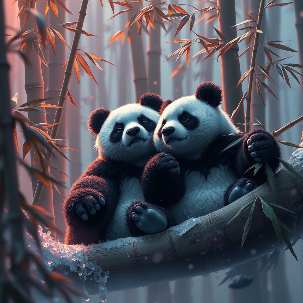 Surreal Panda Twins Frolic in Enchanted Snowy Bamboo Forest