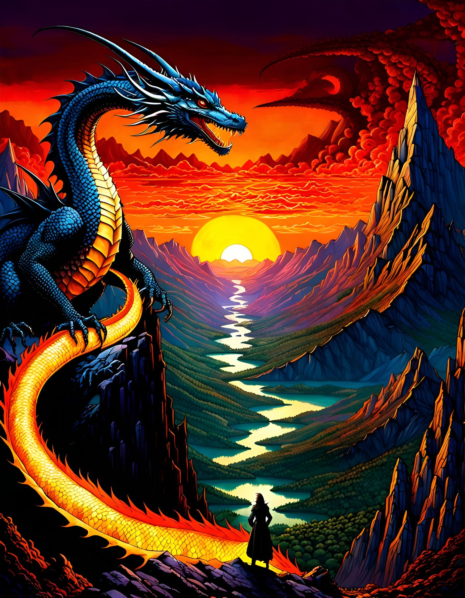 Reptilian Dragon in Apocalyptic Mountains, Fantasy Art