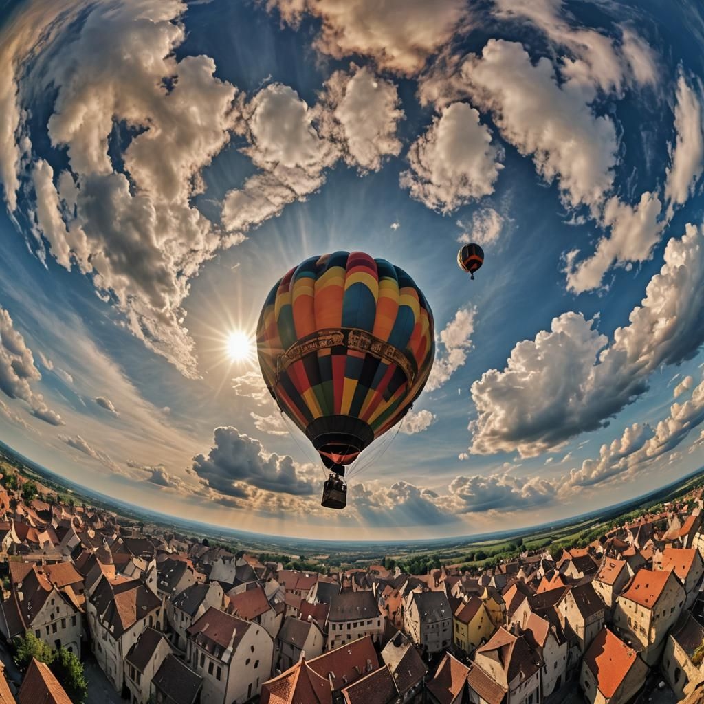 Colorful Medieval Town with Hot Air Balloon
