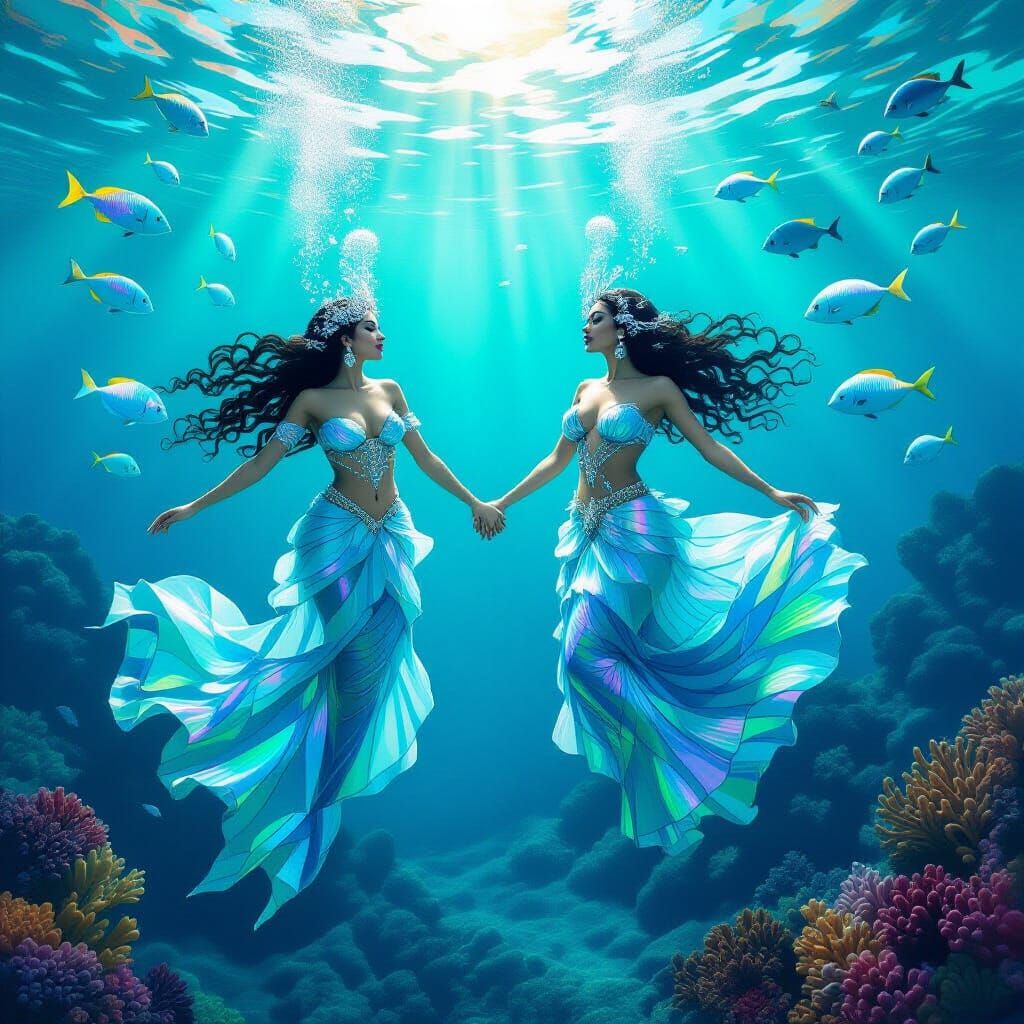 Surreal Mermaid Twins Dance in Dream Ocean