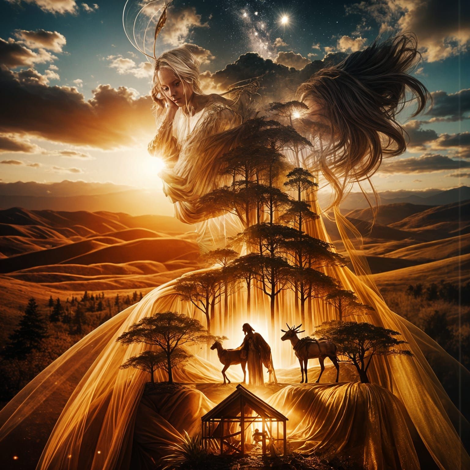 Manger Scene and Woman in Gold Gown Double Exposure