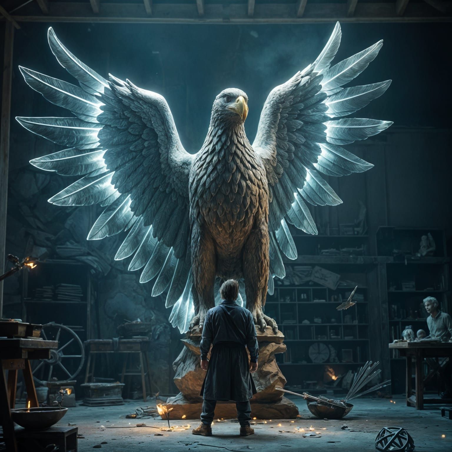 Sculptor Unveils Magical Eagle Statue with Shimmering Wings