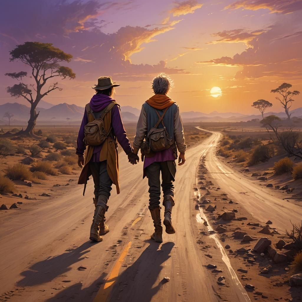 Travelers on Dusty Road at Sunset: Digital Concept Art