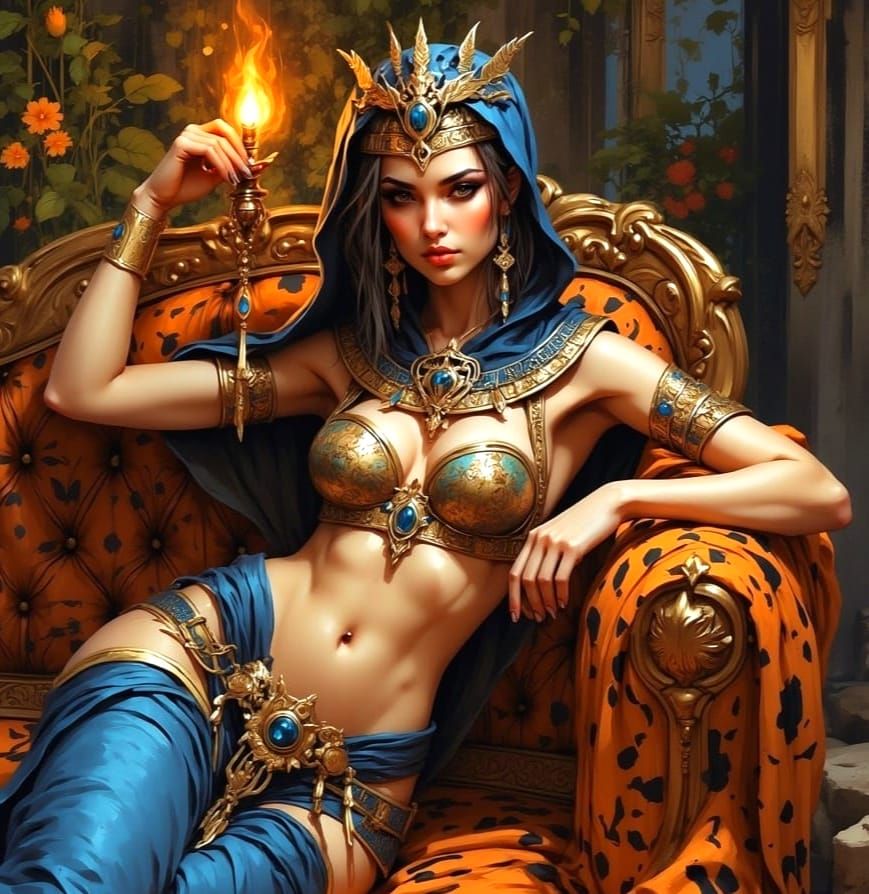 Egyptian Woman on Tiger Rug Portrait