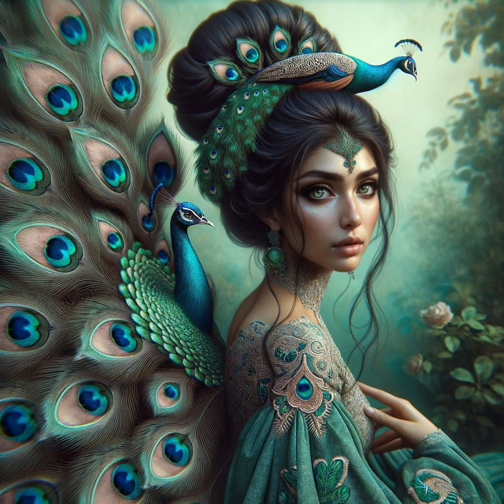 Middle Eastern Goddess Showcases Vibrant Peacock Feathers in...