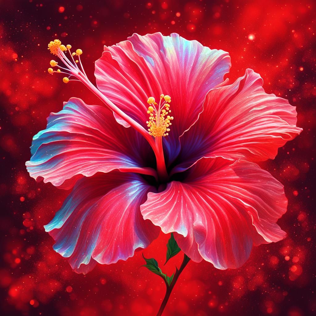 Red Hibiscus Flower: Holographic Cosmic Illustration