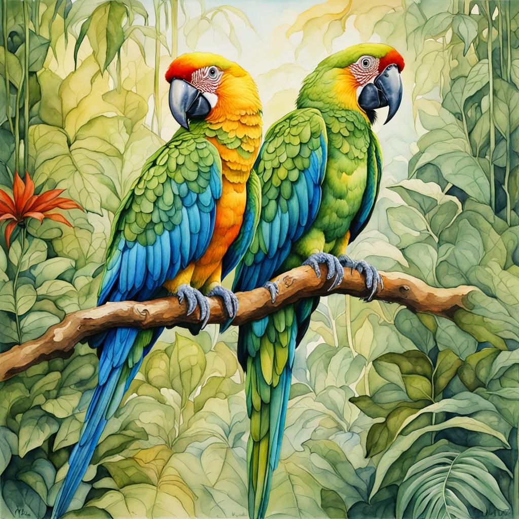 Exotic Parrots in Jungle, Watercolor Painting