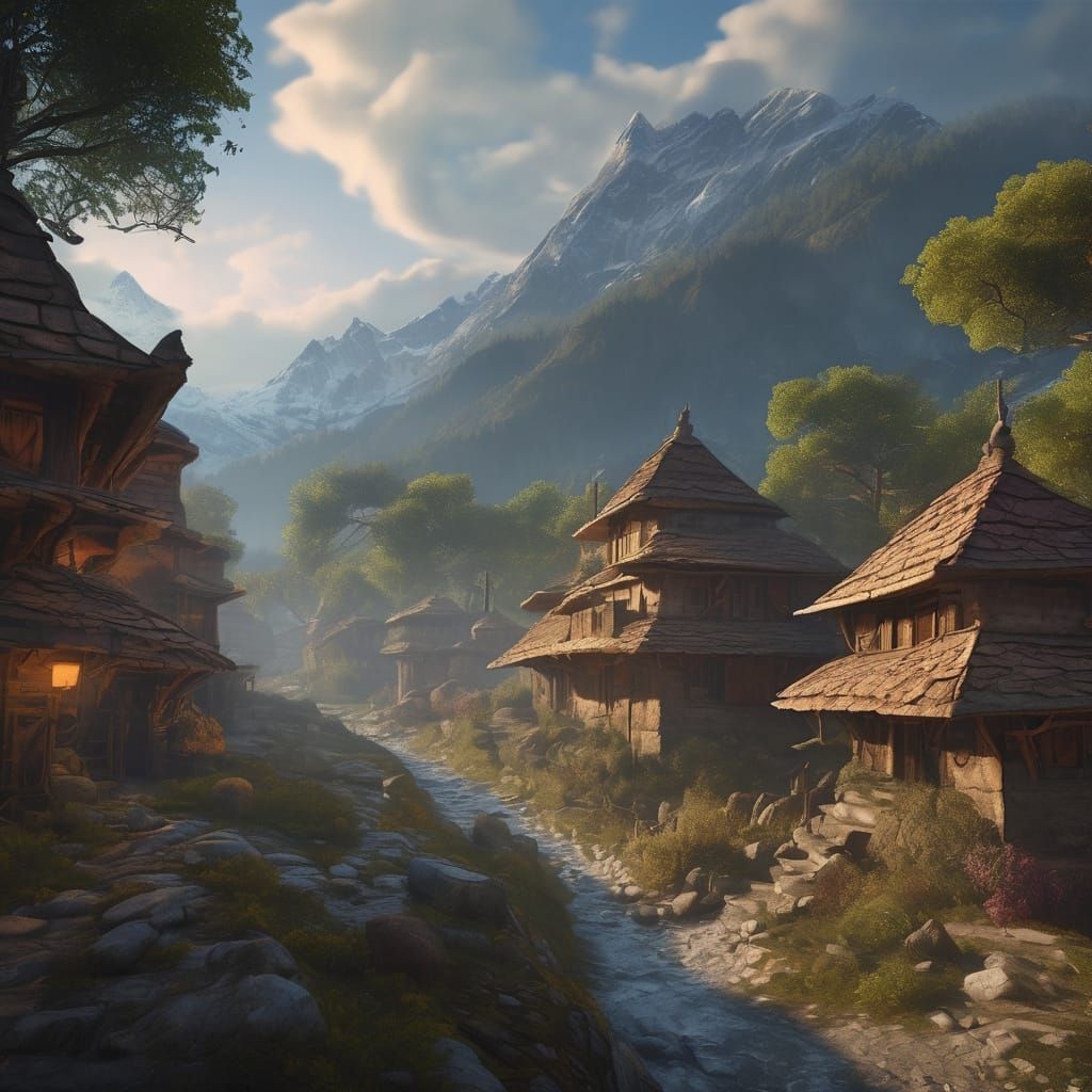 Himalayan Village: Golden Light on Stone Roofs