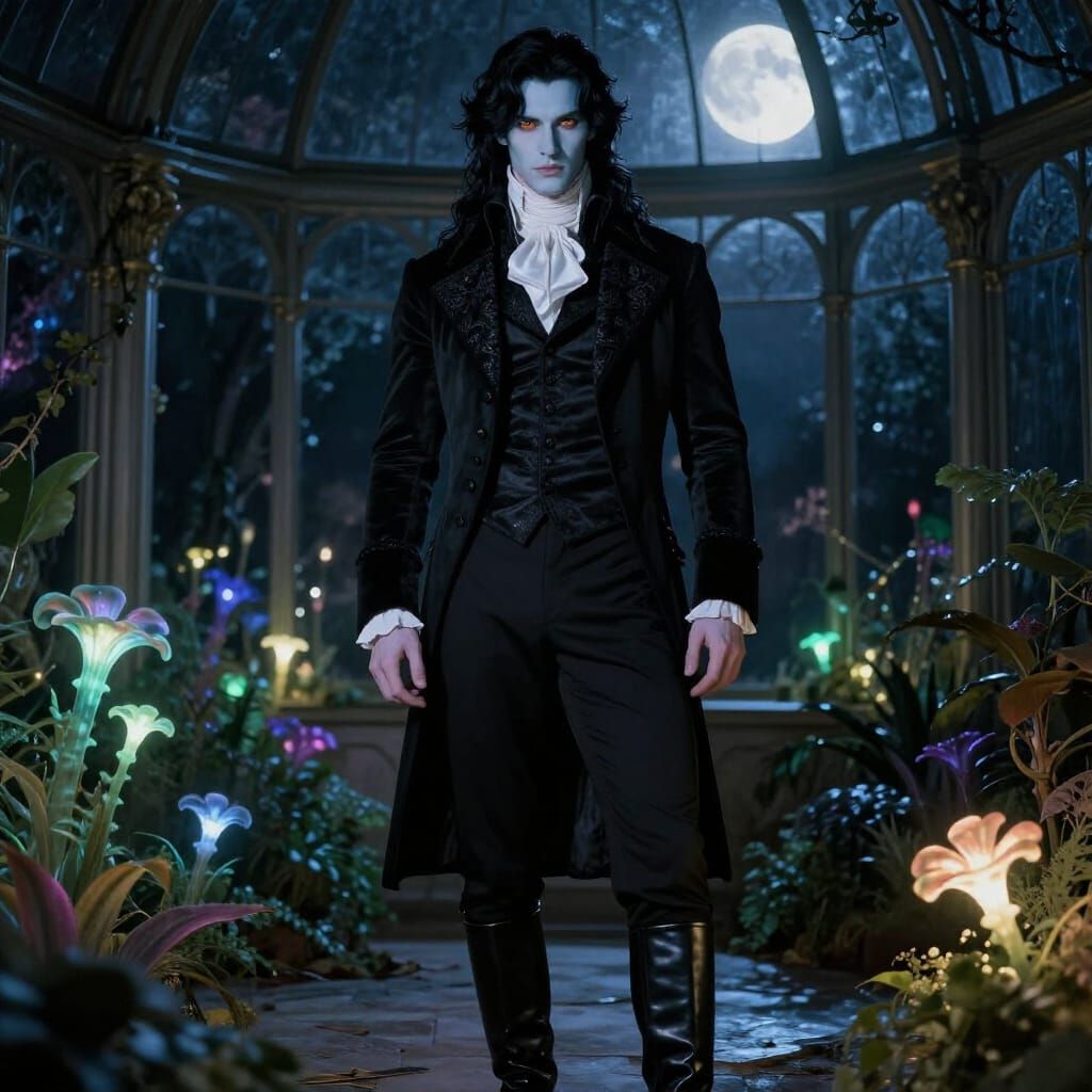 Victorian Conservatory Man in Dark Romantic Fantasy Style
