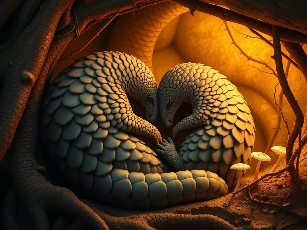 Surreal Pangolin Couple in Mystical, Golden-Hued Burrow