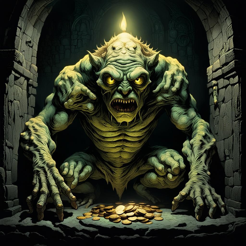 Grotesque Creature in Eerie Dark Fantasy Chamber